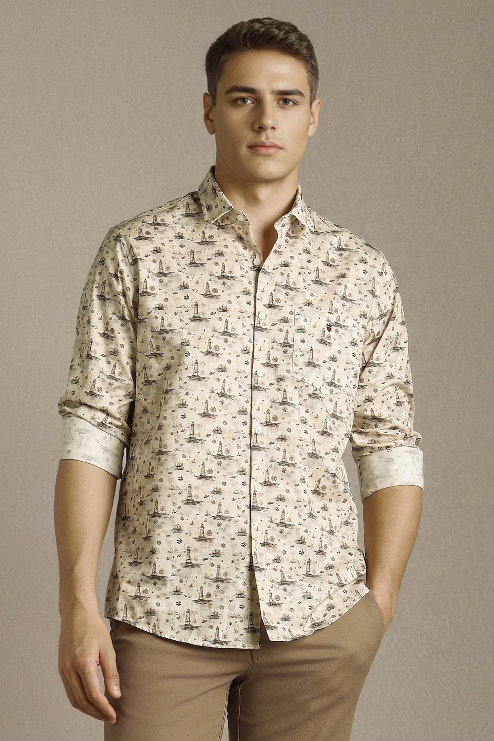 Men's Beige Casual Printed Cotton Shirt