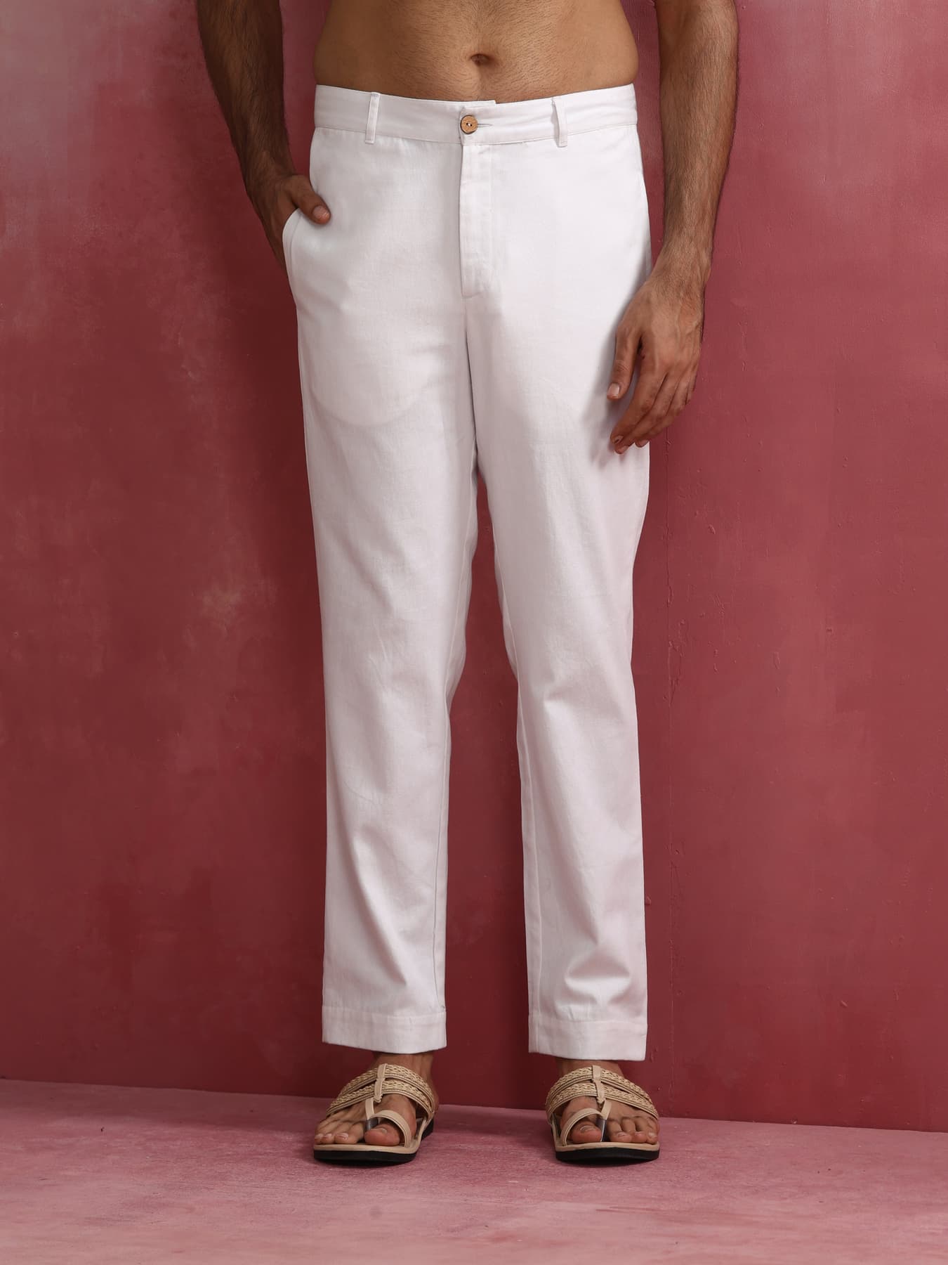 Men's White Cotton Casual Twill Trouser