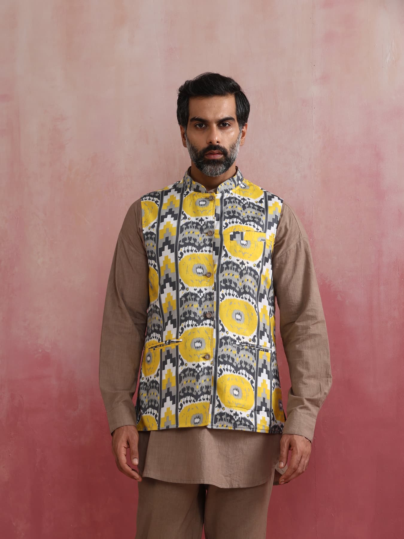 Men's Grey Ikat Print Cotton Reversible Nehru Jacket