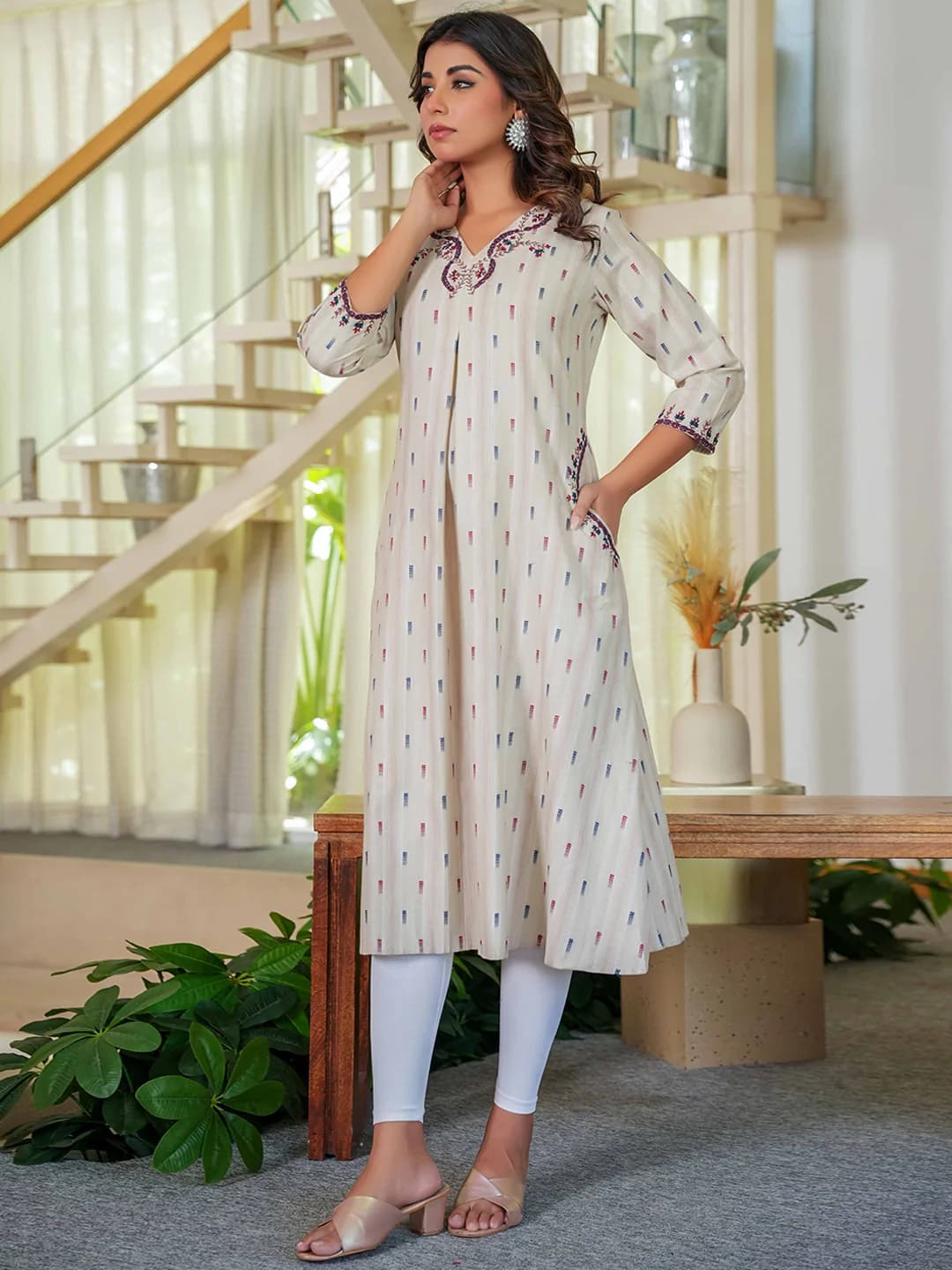 Women's Beige Embroidered A-Line Pure Cotton Woven Kurti