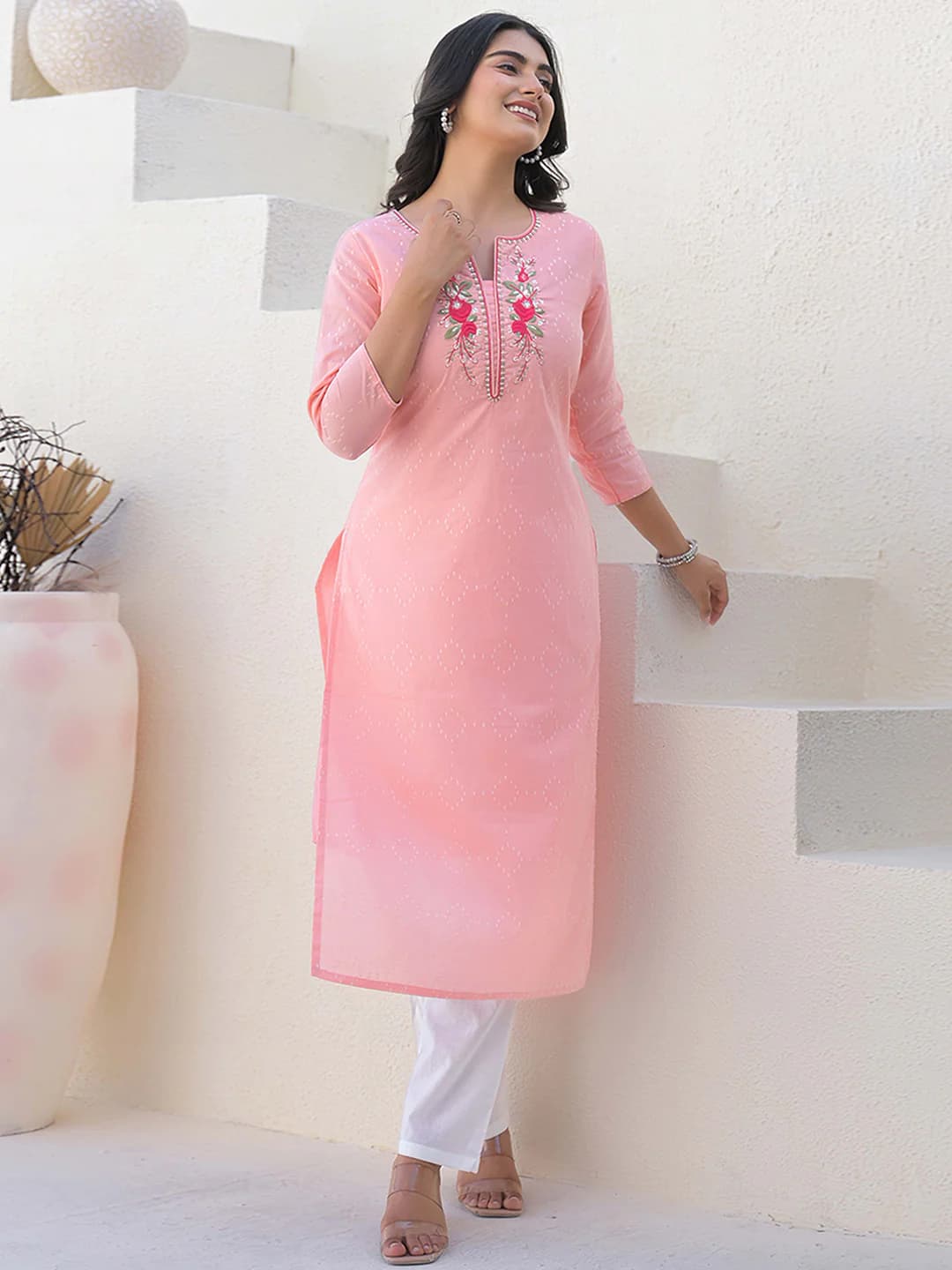 Women's Pink Floral Neck Embroidery Cotton Straight Kurti