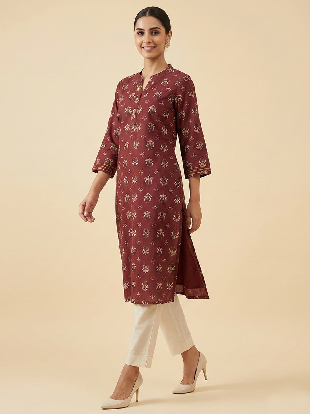 Women's Red Floral Printed Straight Cut Pure Cotton Kurti