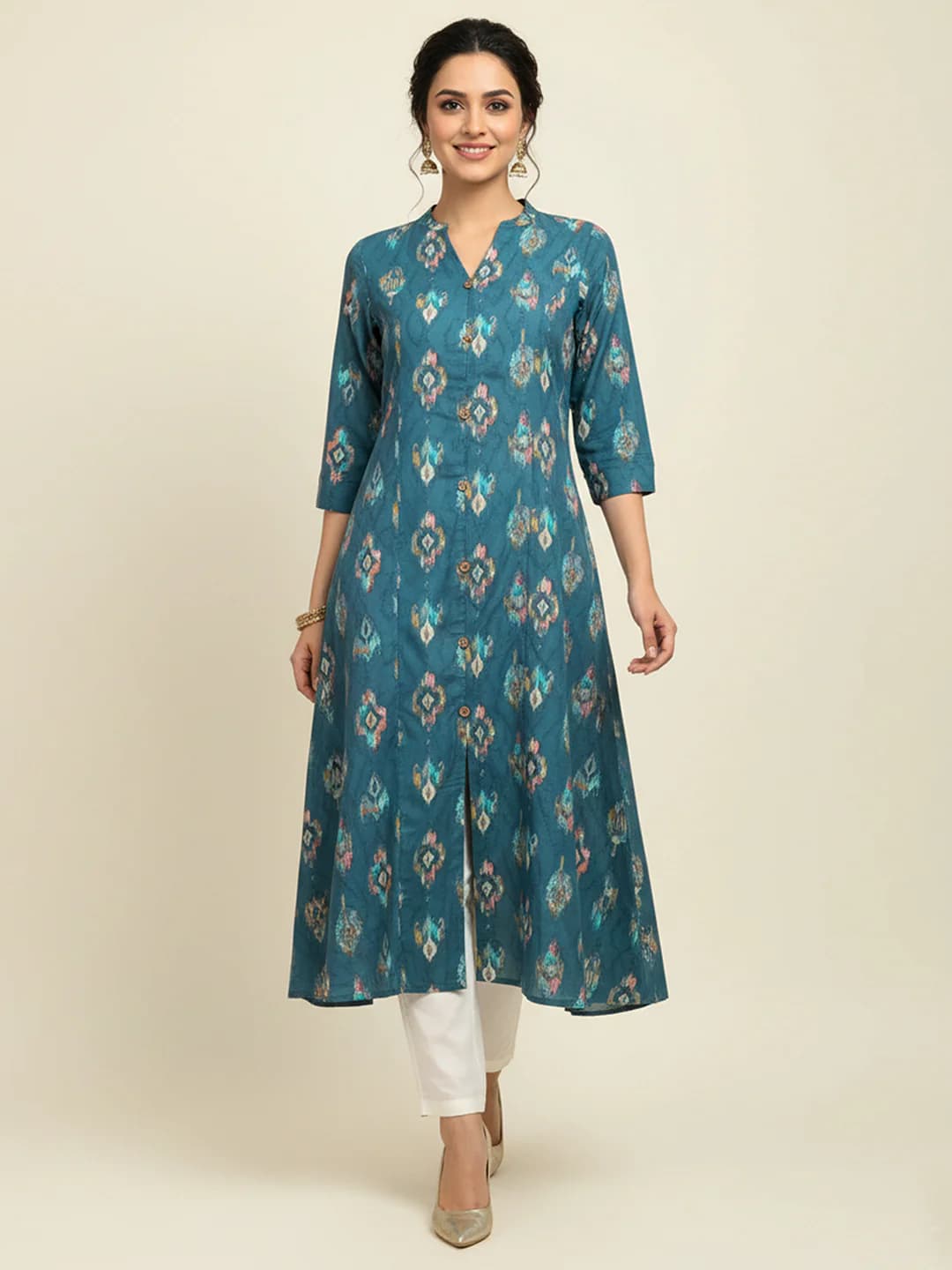 Women's Green Ikkat Printed Pure Cotton A-Line Kurti