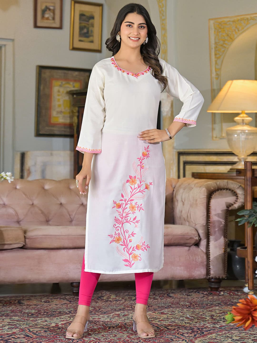Women's White Floral Embroidered Viscose Rayon Straight Kurti