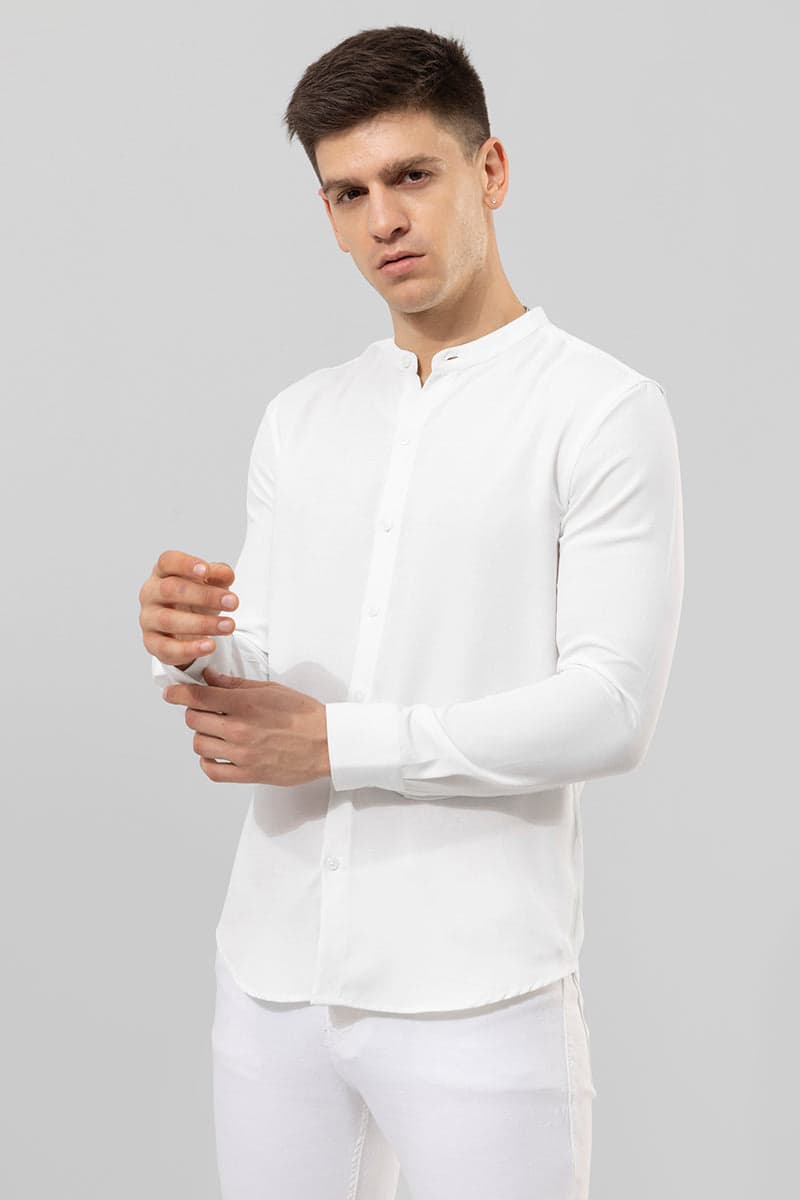 Men's White Casual Solid Full Sleeves Shirt