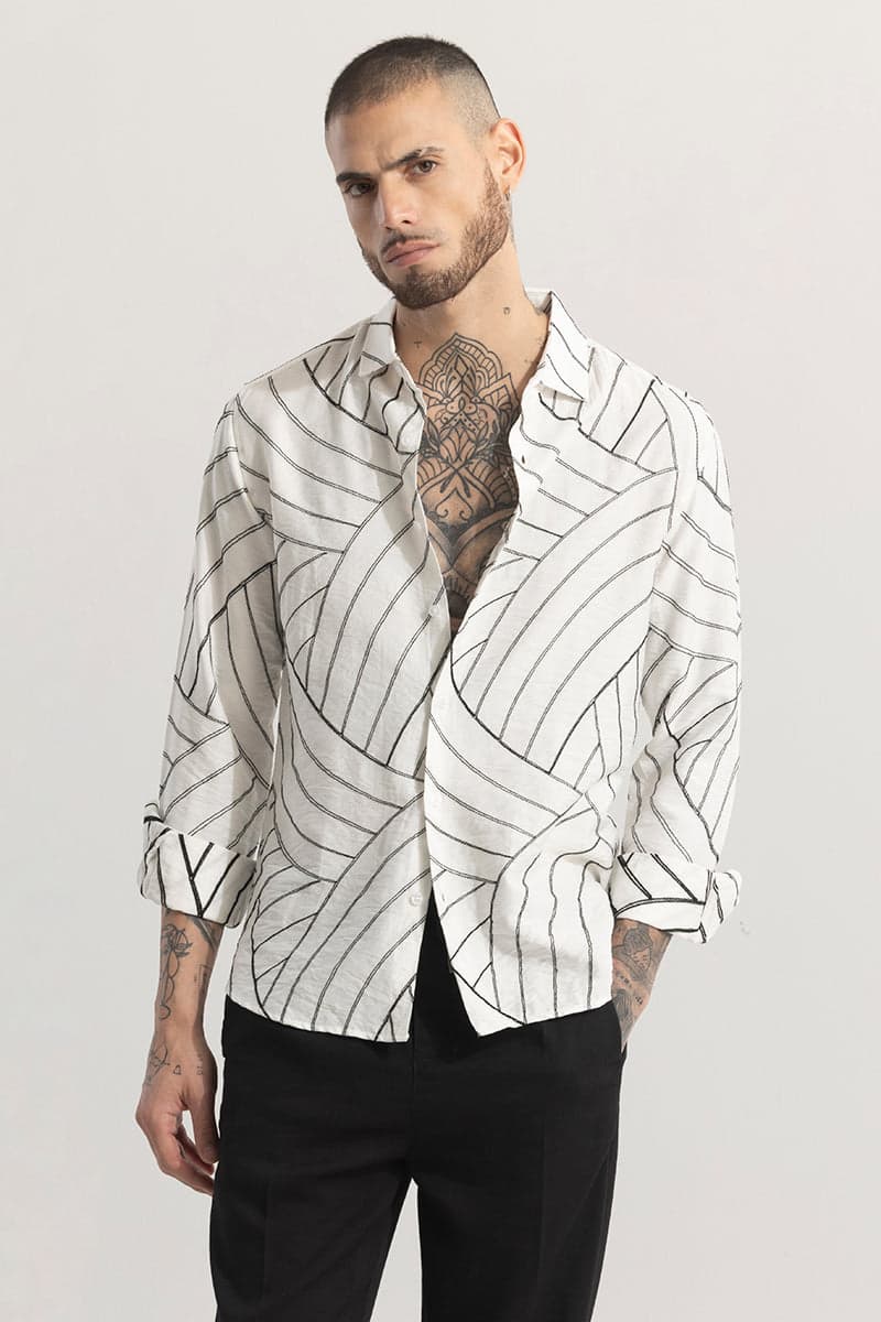Men's White Casual Embroidered Full Sleeves Shirt