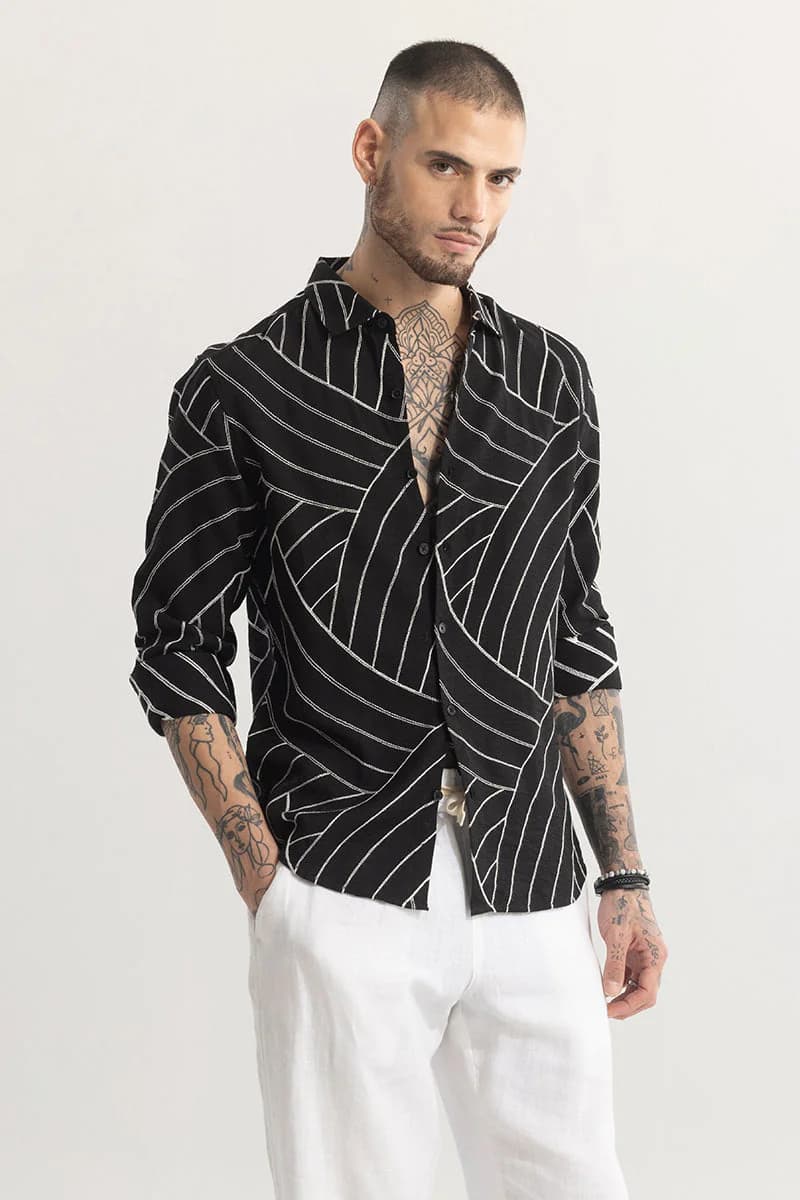 Men's Black Casual Embroidered Full Sleeves Shirt