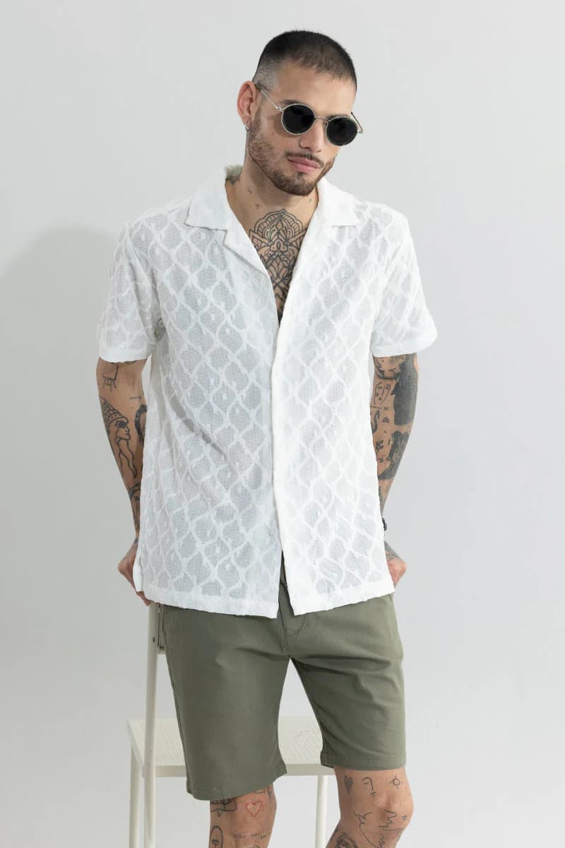 Men's White Casual Textured Half Sleeves Shirt