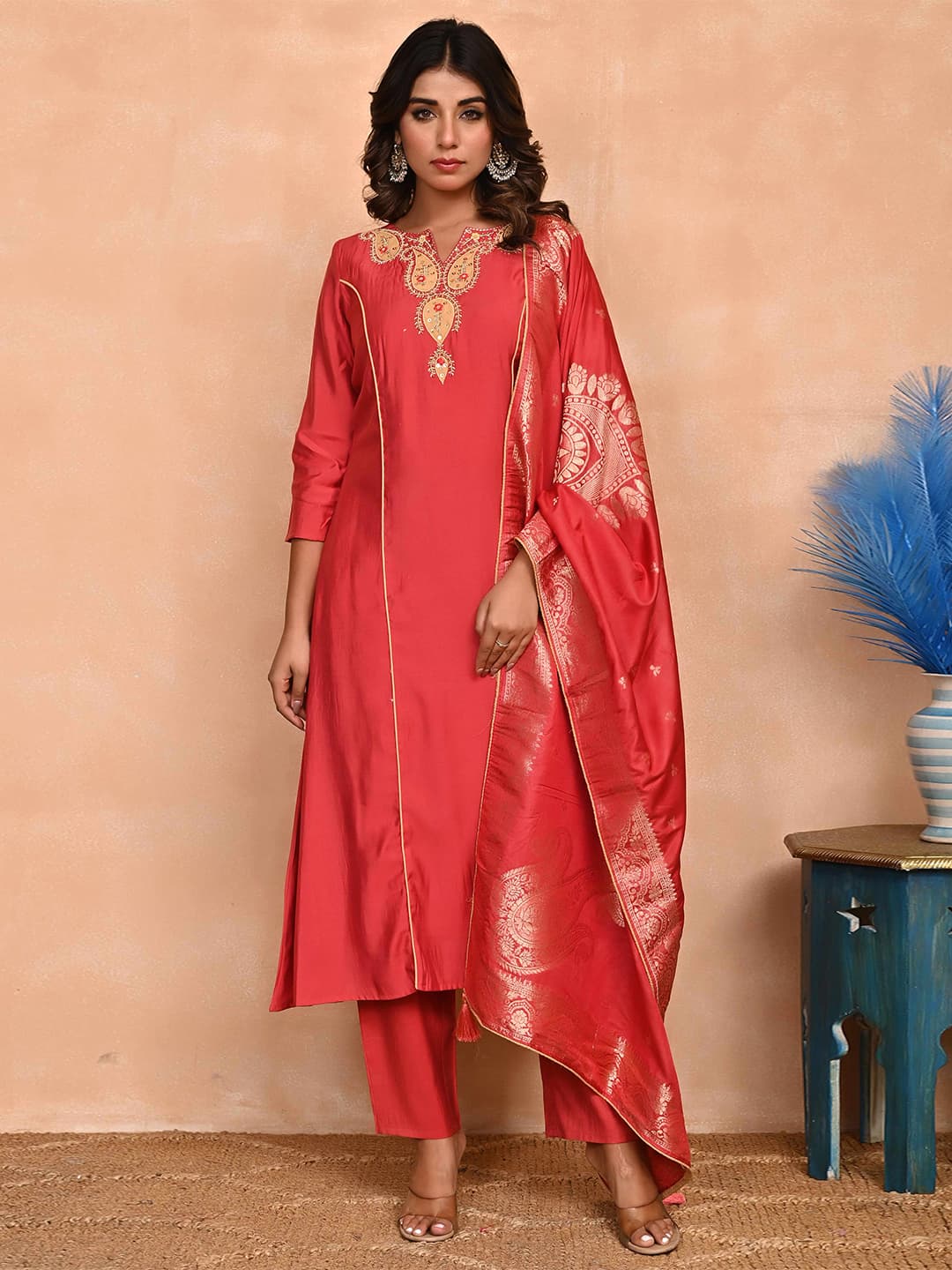 Women's Red Festive Regular Fit Three Quarter Sleeves Salwar Suit