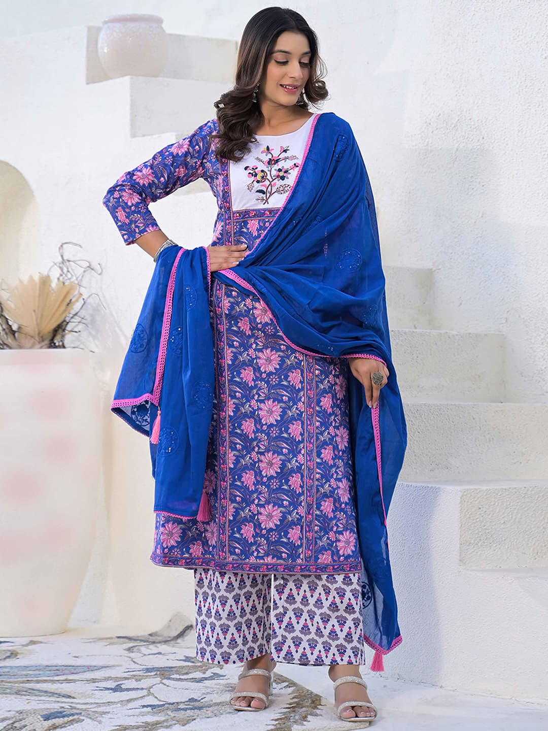 Women's Blue Festive Regular Fit Three Quarter Sleeves Salwar Suit
