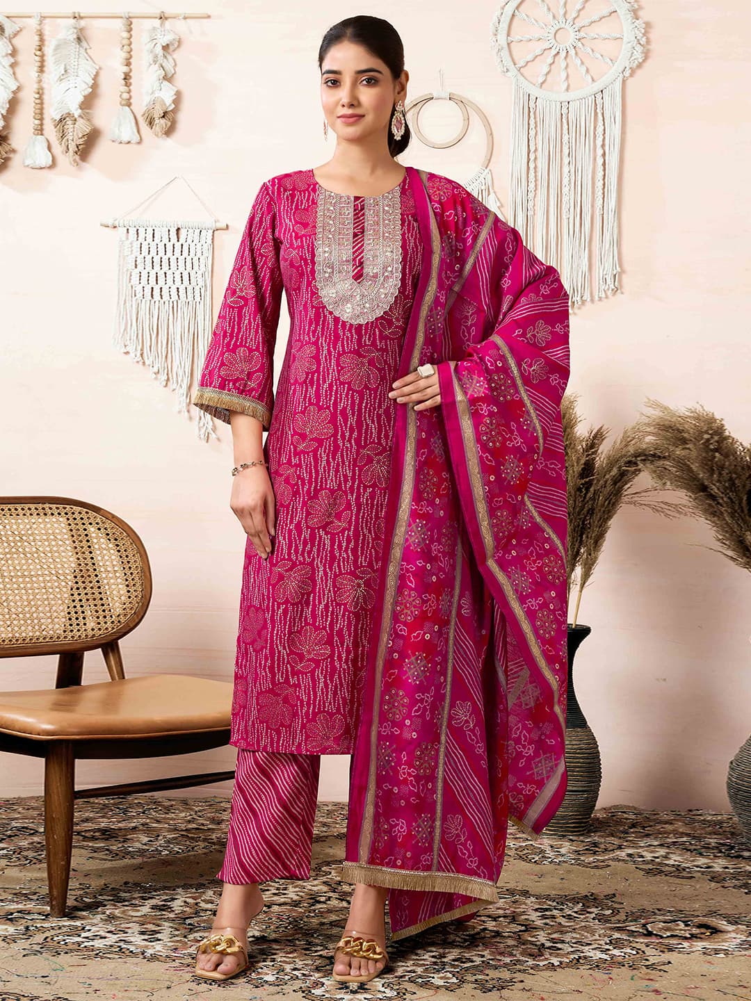 Women's Pink Festive Regular Fit Three Quarter Sleeves Salwar Suit