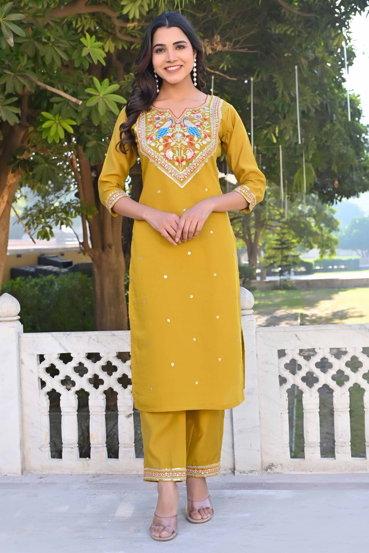 Women's Yellow Festive Regular Fit Three Quarter Sleeves Salwar Suit