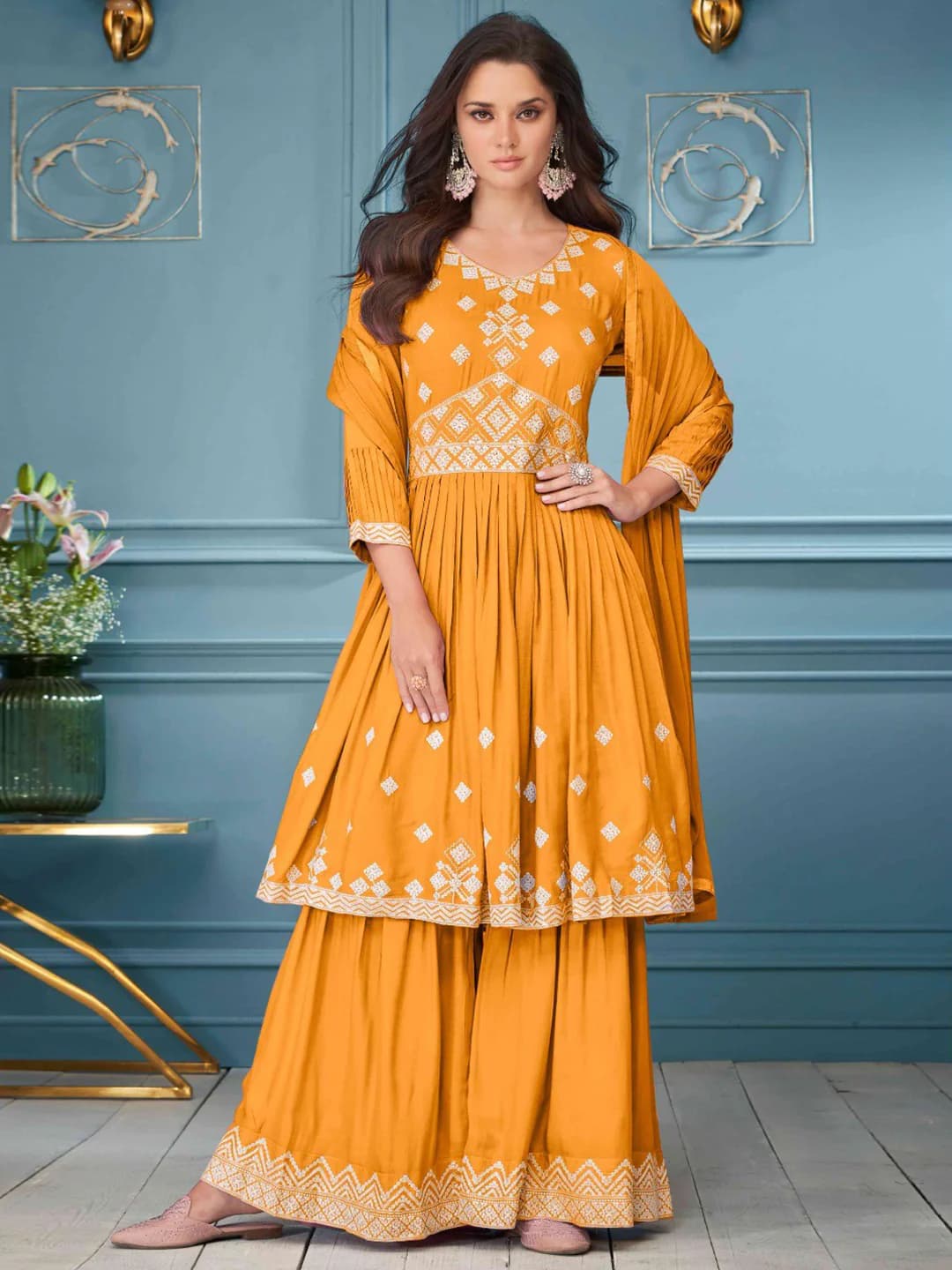Women's Orange Festive Regular Fit Three Quarter Sleeves Salwar Suit