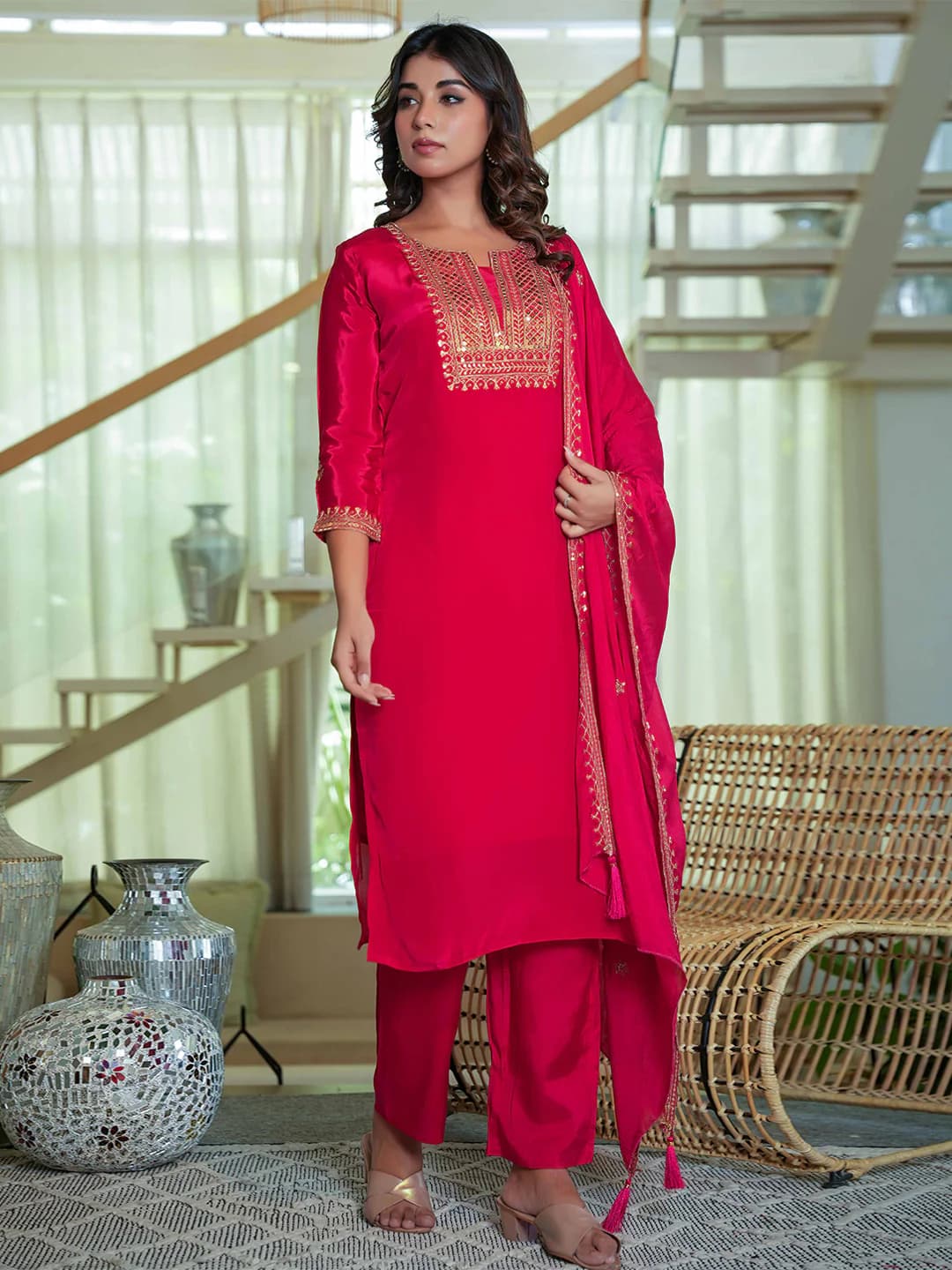Women's Red Festive Regular Fit Three Quarter Sleeves Salwar Suit