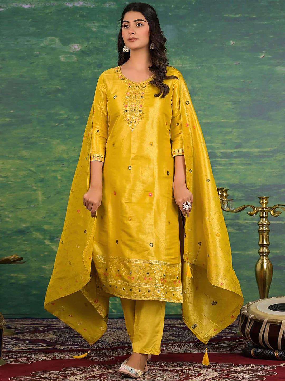 Women's Yellow Festive Regular Fit Three Quarter Sleeves Salwar Suit