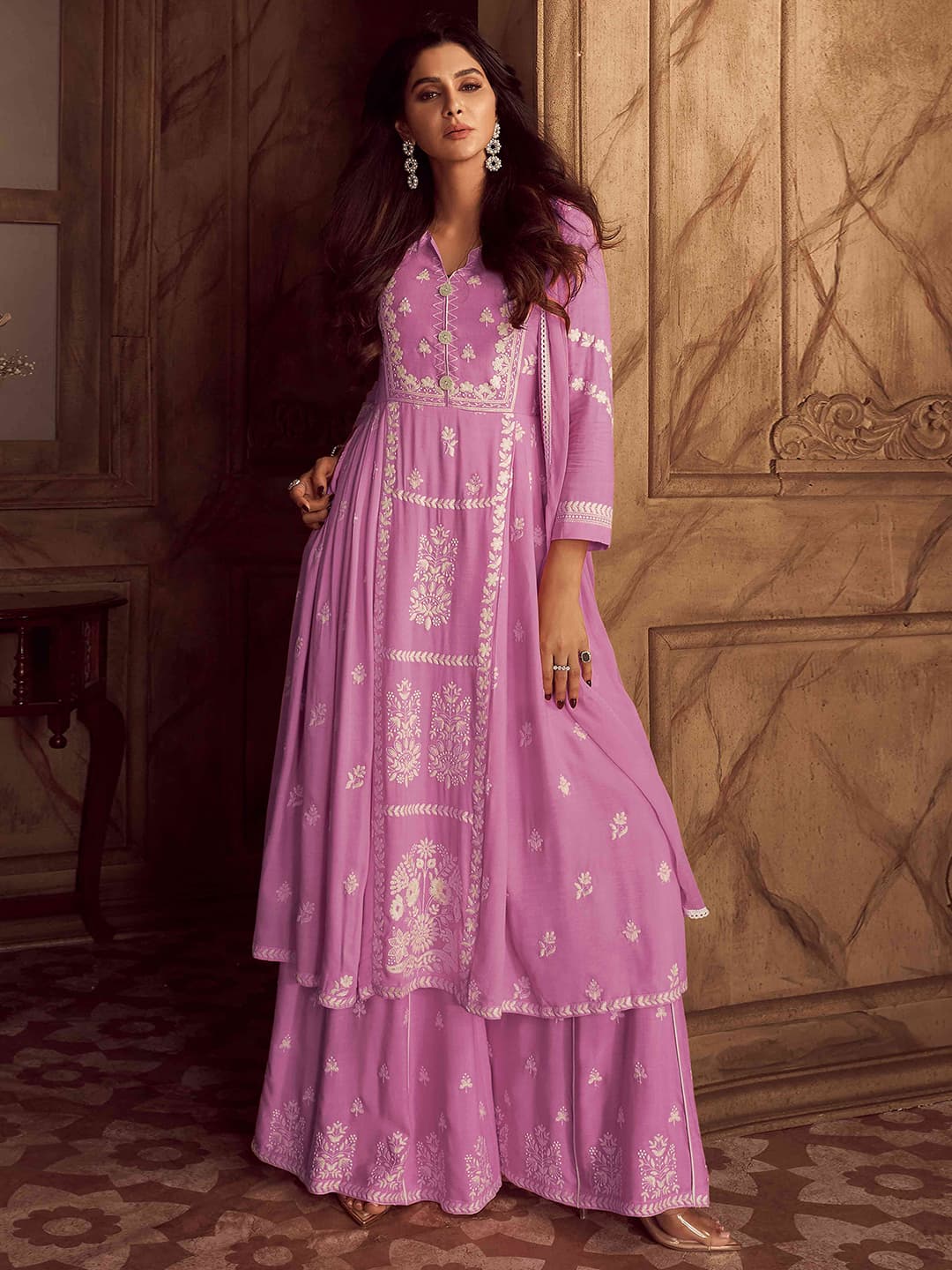Women's Pink Festive Regular Fit Three Quarter Sleeves Salwar Suit