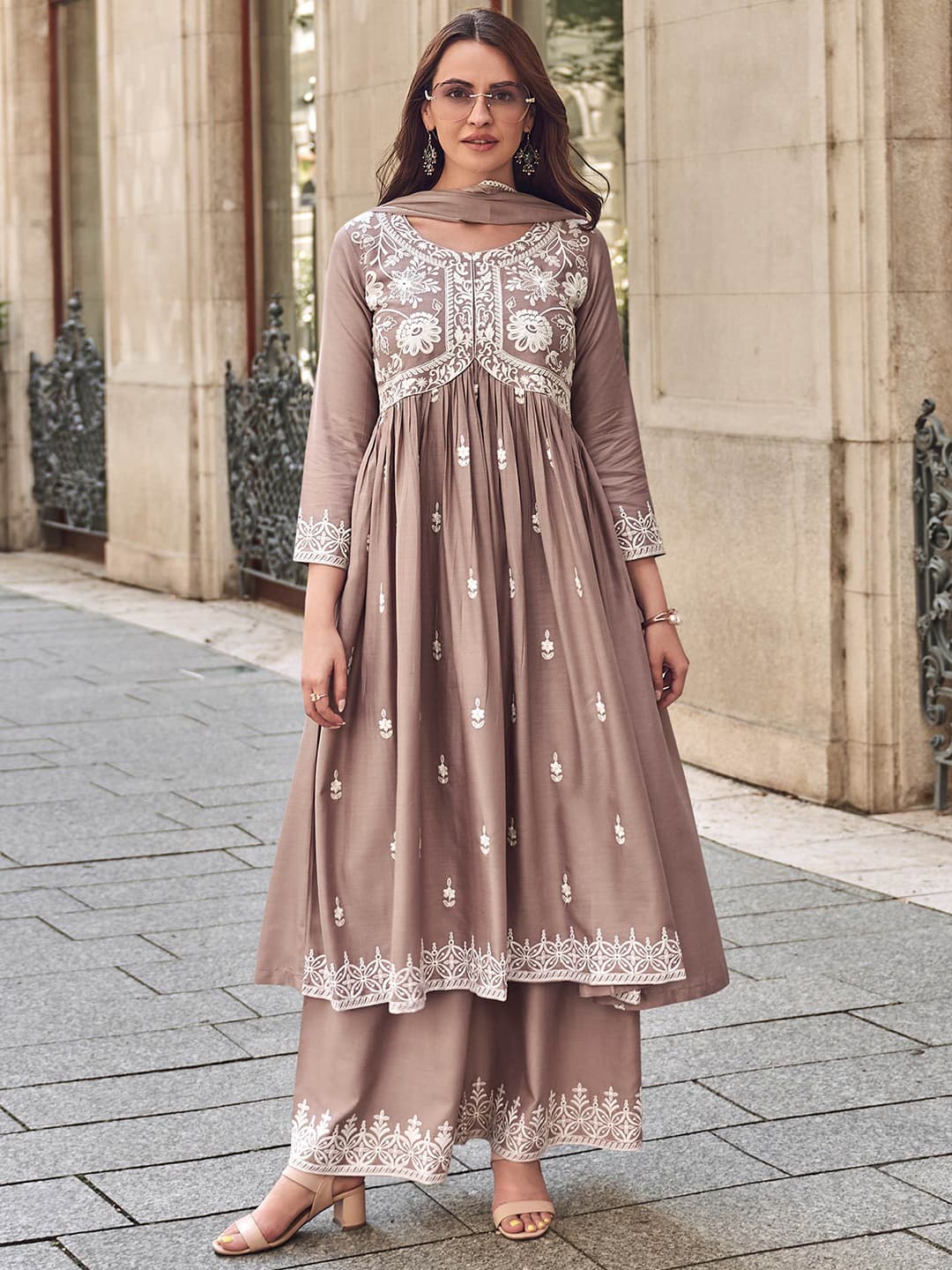 Women's Beige Festive Regular Fit Three Quarter Sleeves Salwar Suit