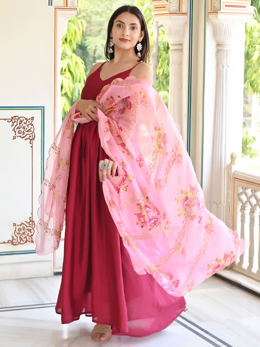 Women's Pink Solid Chiffon Dress with Dupatta