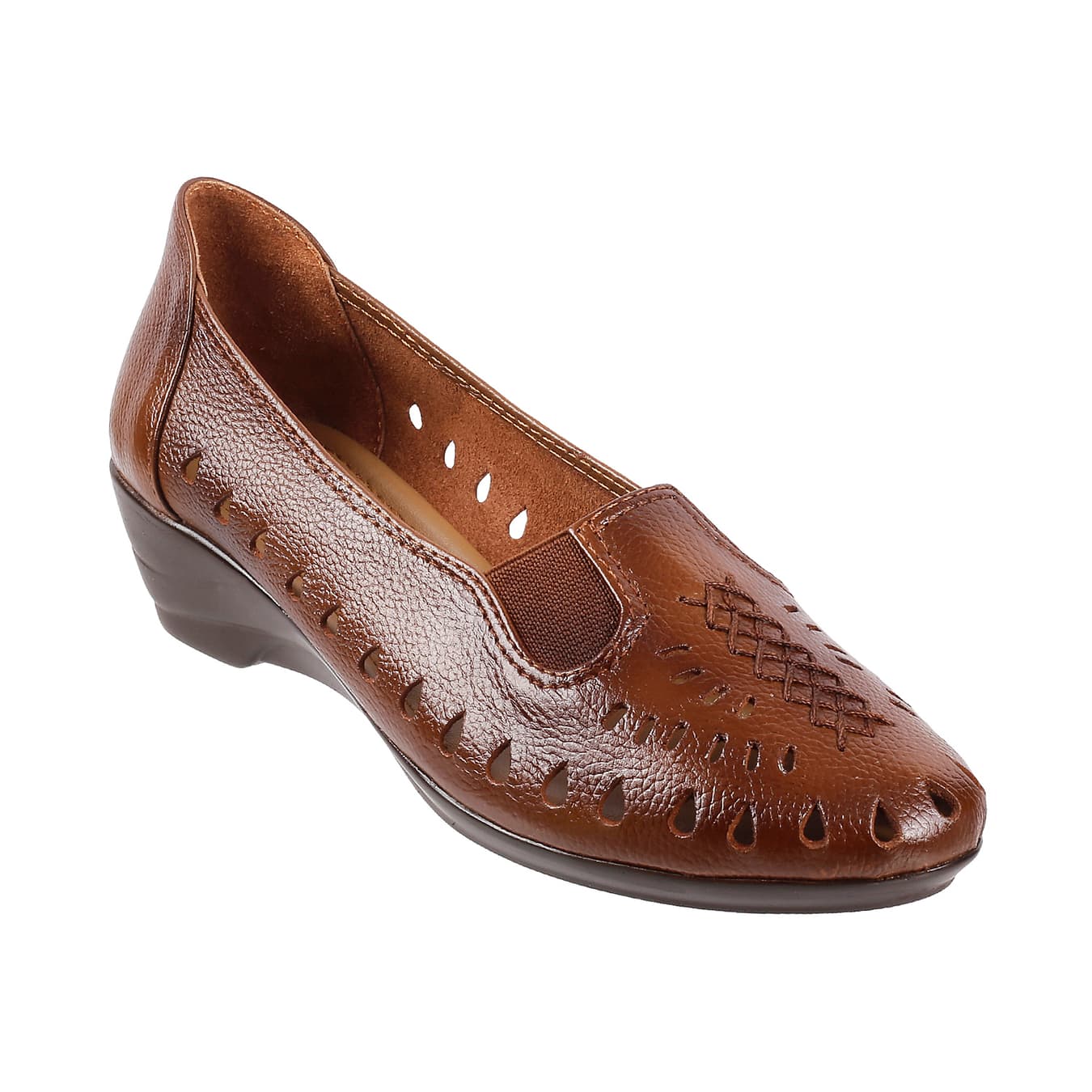 Women's Tan Casual Round Toe Leather Heels