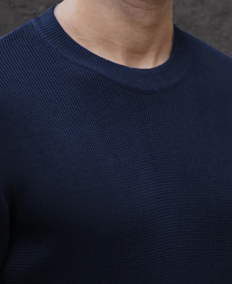 Men's Navy Casual Self-Design Round Neck Cotton Shirt