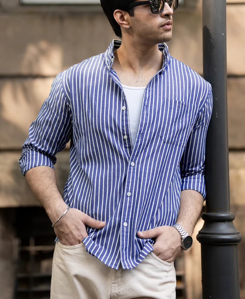 Men's Blue Casual Full Sleeves Striped Cotton Shirt