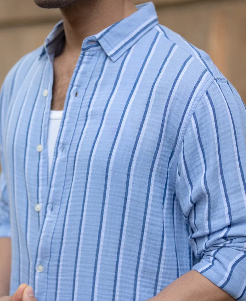 Men's Blue Casual Full Sleeves Striped Cotton Shirt