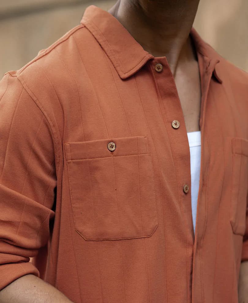 Men's Orange Casual Full Sleeves Solid Cotton Shirt