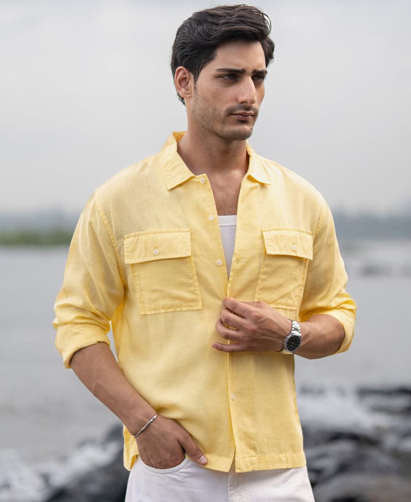 Men's Yellow Casual Full Sleeves Solid Linen Blend Shirt