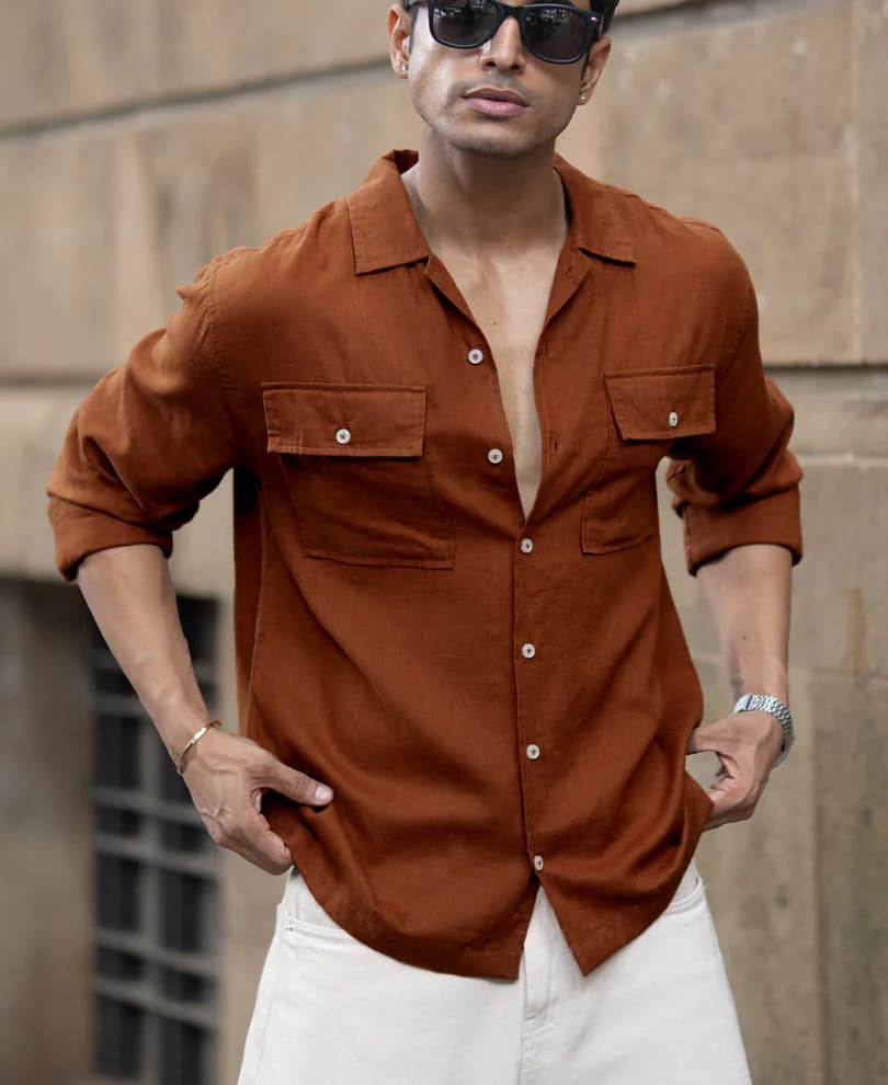 Men's Orange Casual Full Sleeves Solid Linen Blend Shirt