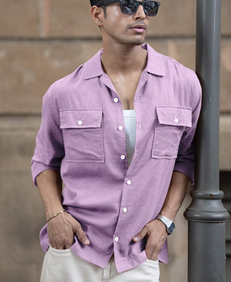 Men's Purple Casual Full Sleeves Solid Linen Blend Shirt