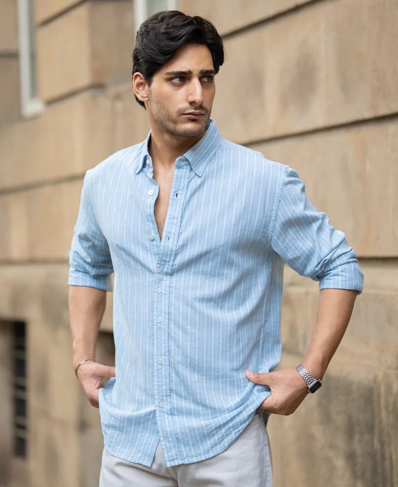 Men's Blue Casual Full Sleeves Striped Cotton Shirt