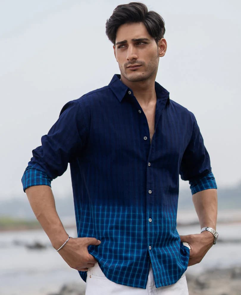 Men's Blue Casual Full Sleeves Checked Cotton Shirt