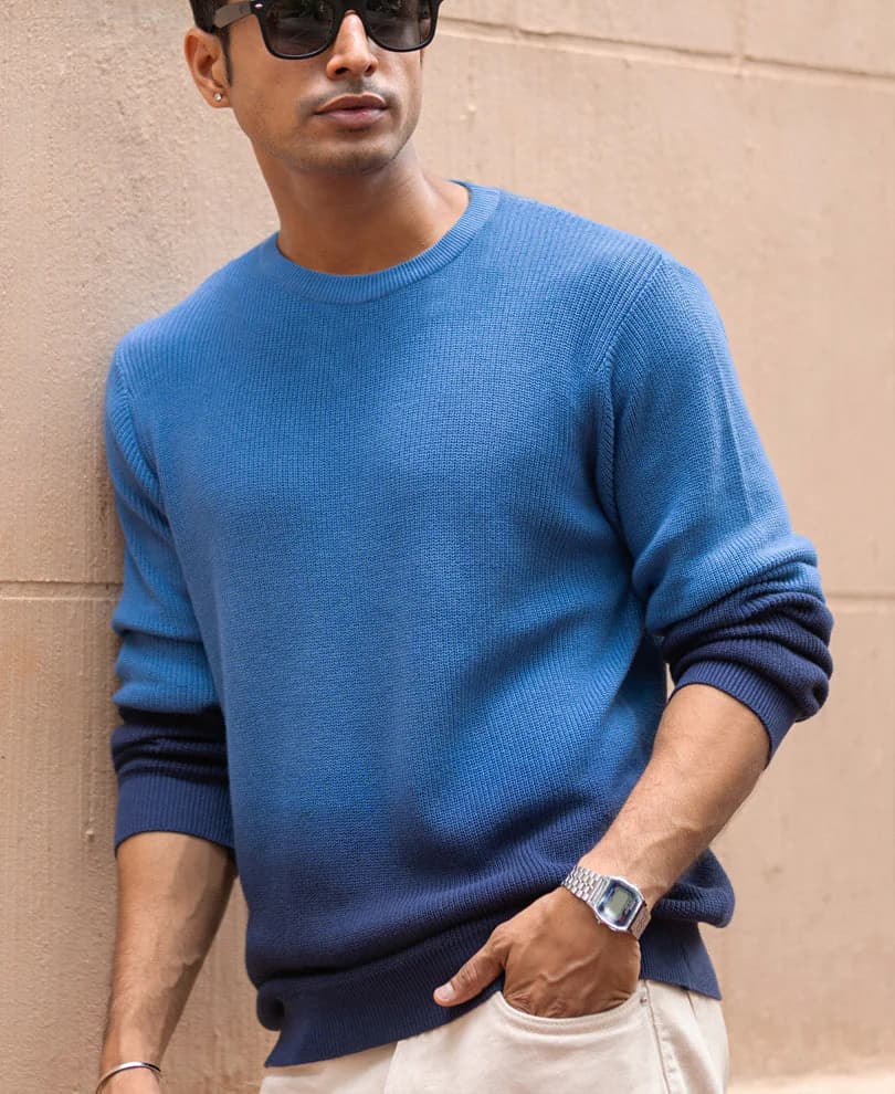 Men's Blue Casual Self-Design Round Neck Sweater