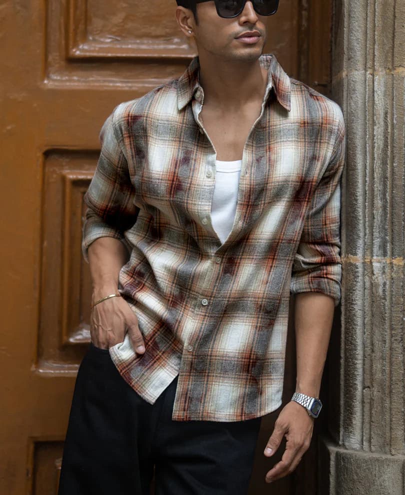 Men's Beige Casual Full Sleeves Checked Cotton Shirt
