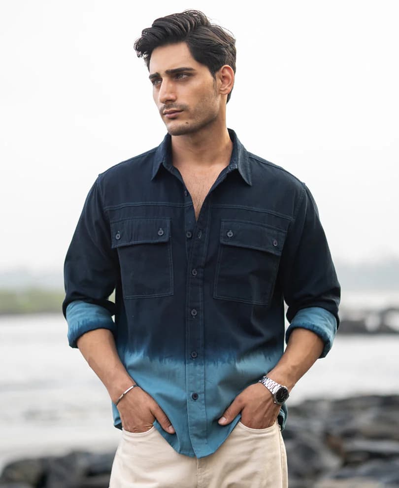 Men's Navy Casual Full Sleeves Ombre Cotton Shirt