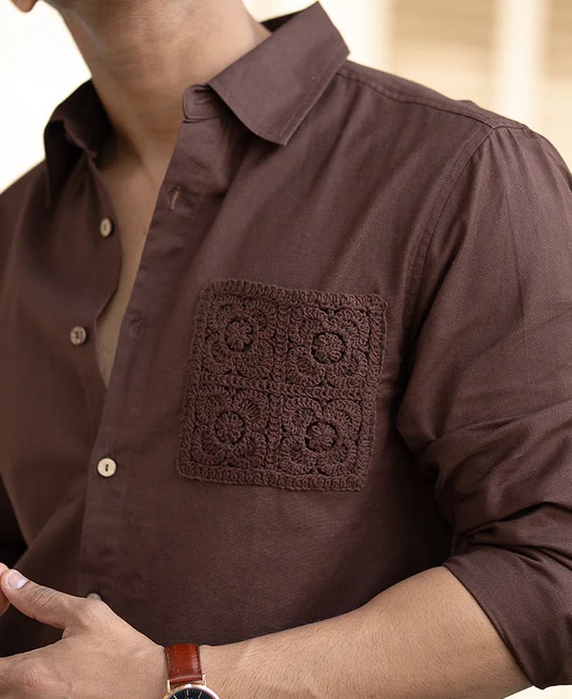 Men's Brown Casual Full Sleeves Embroidered Cotton Shirt