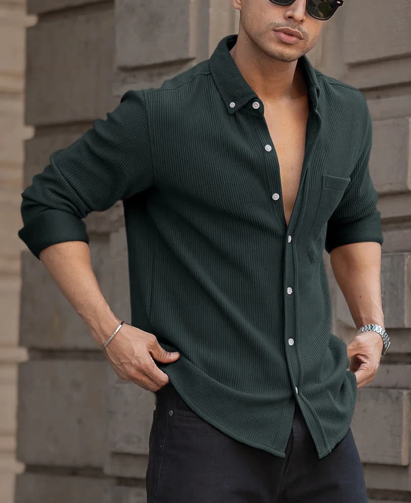 Men's Green Casual Full Sleeves Self-Design Cotton Shirt