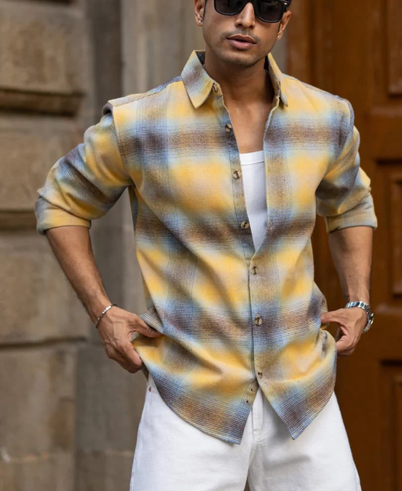Men's Yellow Casual Full Sleeves Checked Cotton Shirt