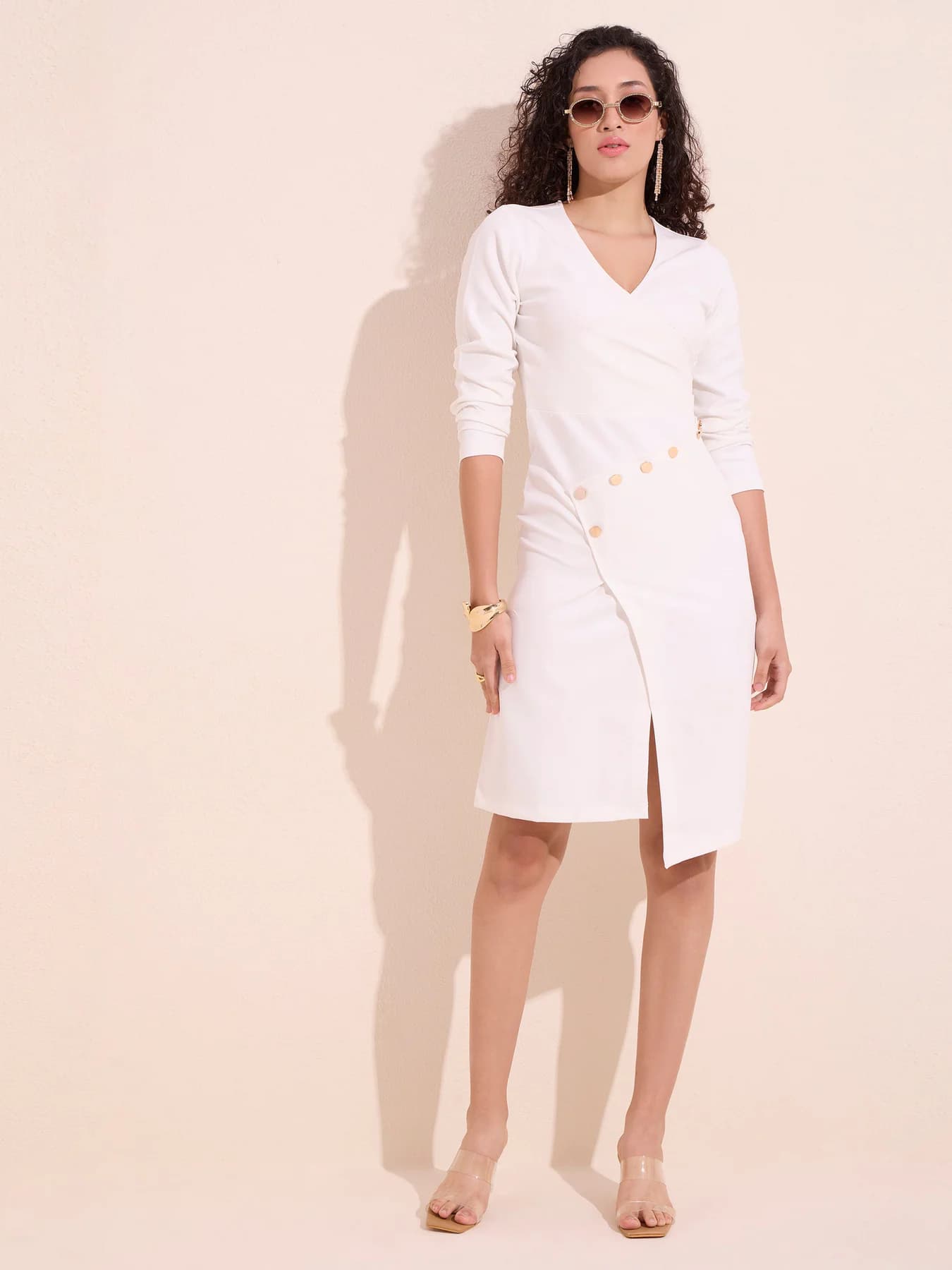 Women's White Casual Full Sleeves Bodycon Cleo Buttoned Dress