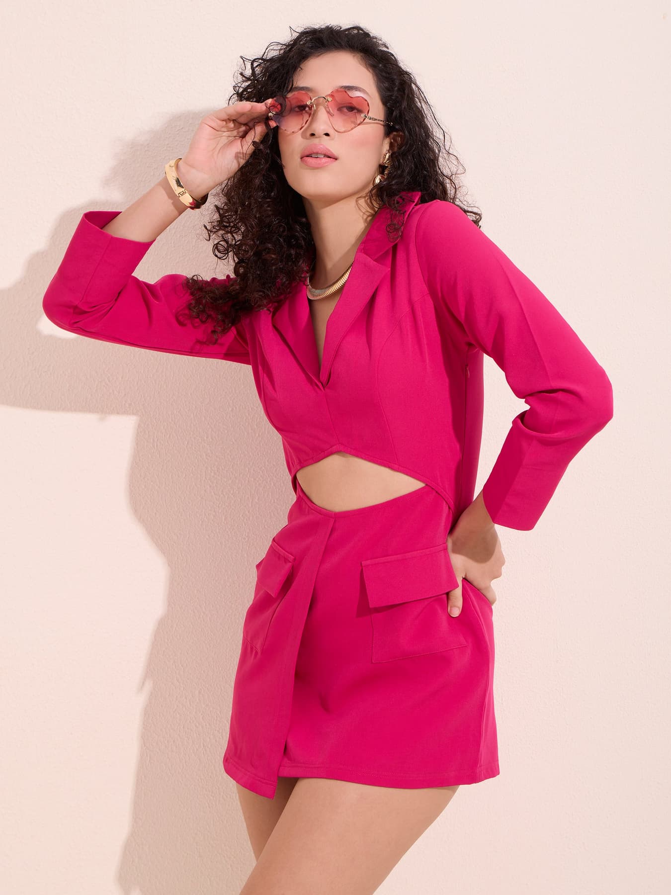 Women's Pink Casual Full Sleeves Bodycon Kimora Cut Out Dress