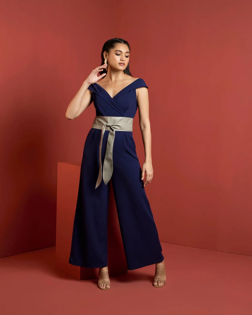 Women's Navy Casual Sleeveless Marthy Off- Shoulder Jumpsuit