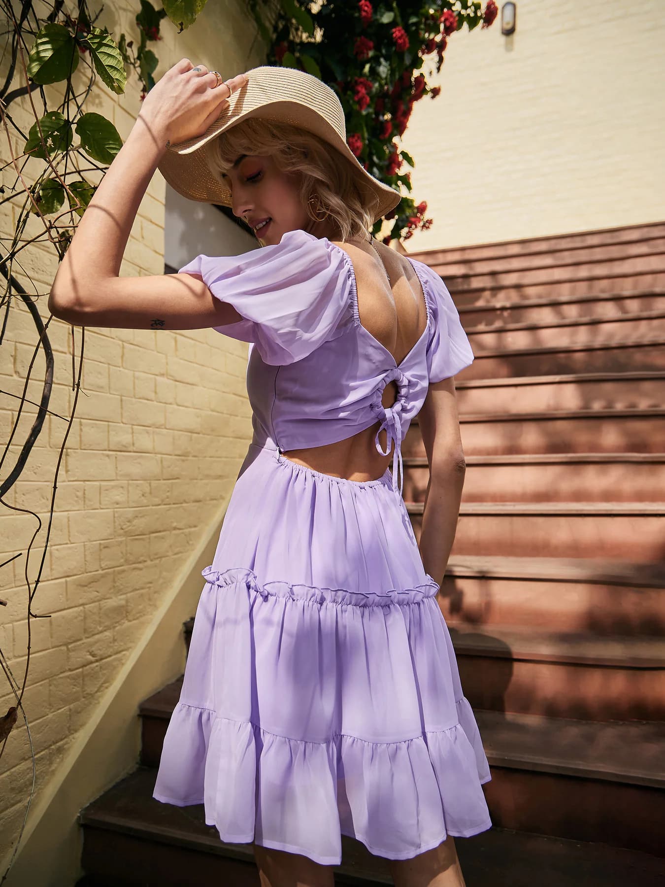 Women's Purple Casual Solid Sweetheart Neck Fit & Flared Dress