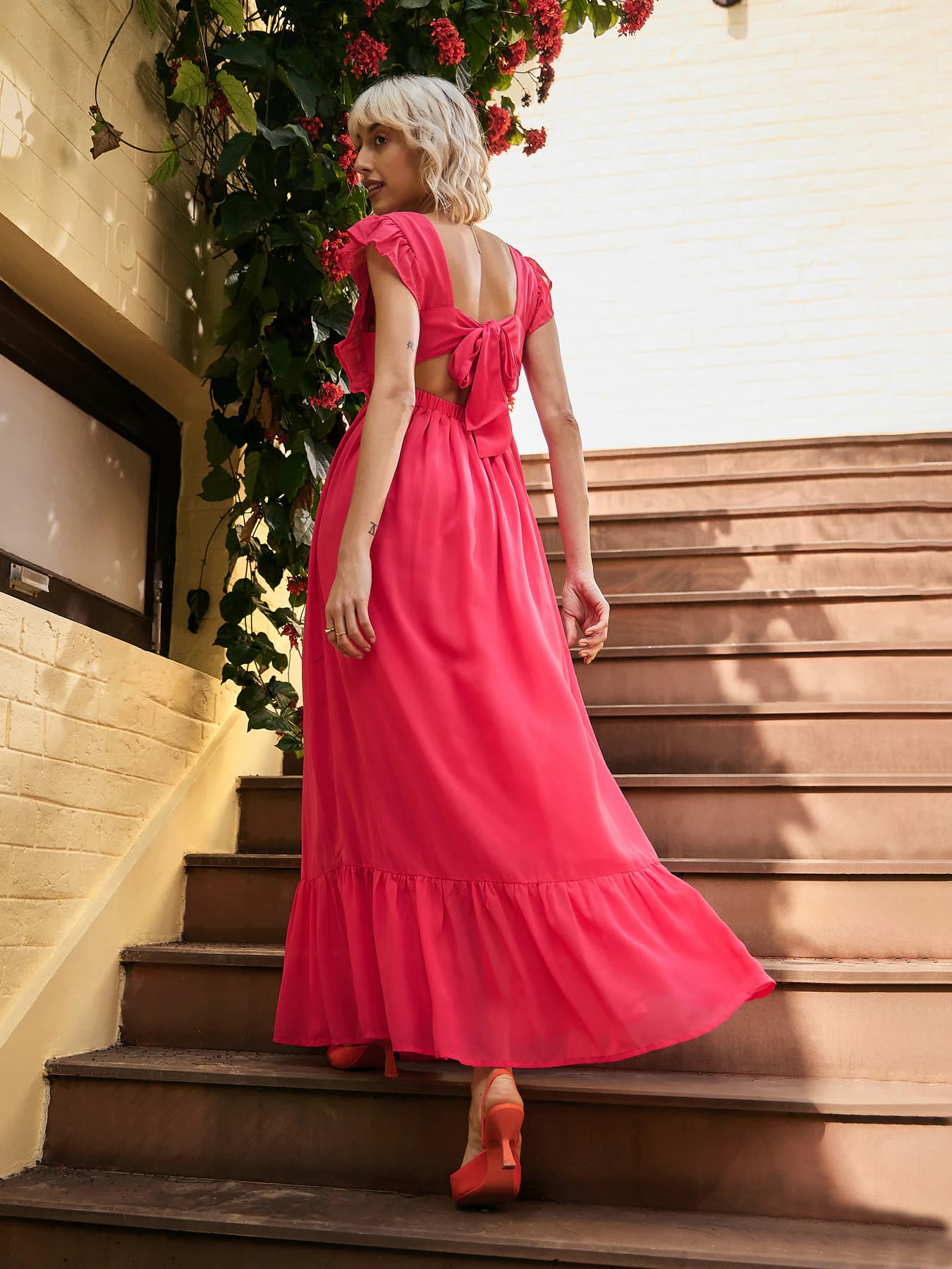 Women's Pink Casual Solid Square Neck Fit & Flared Dress