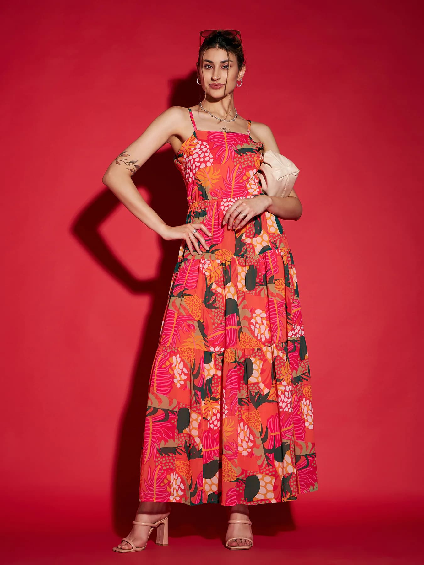 Women's Pink Casual Floral Square Neck Fit & Flared Dress