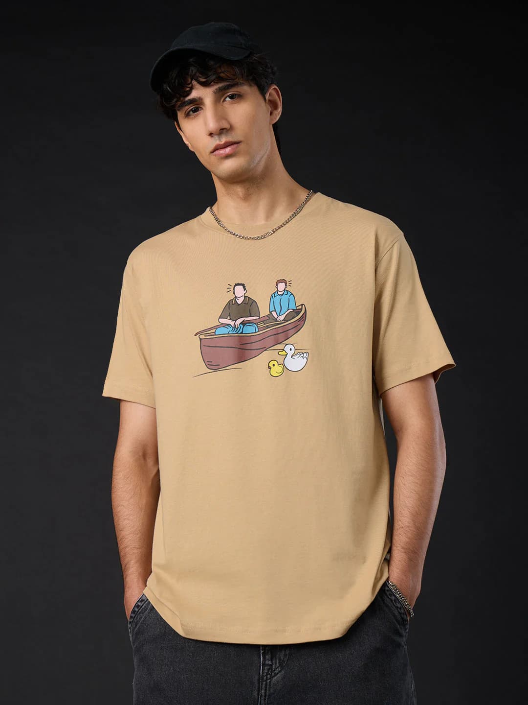 Men's Beige Casual Half Sleeves Tshirt