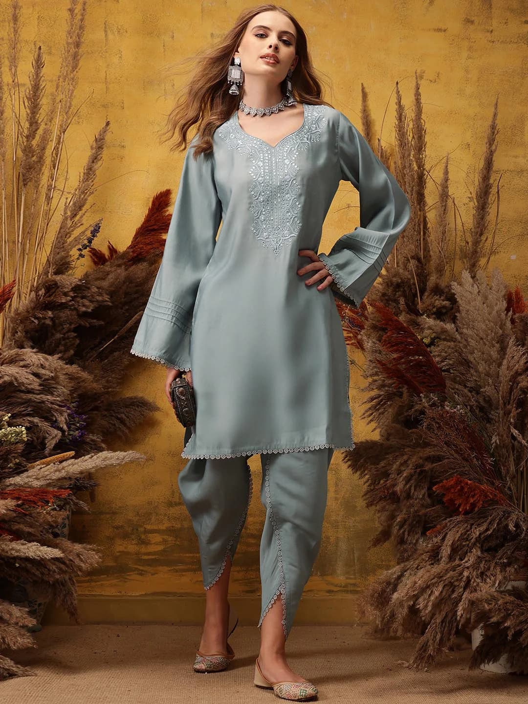 Women's Grey Casual Full Sleeves Kurta Set