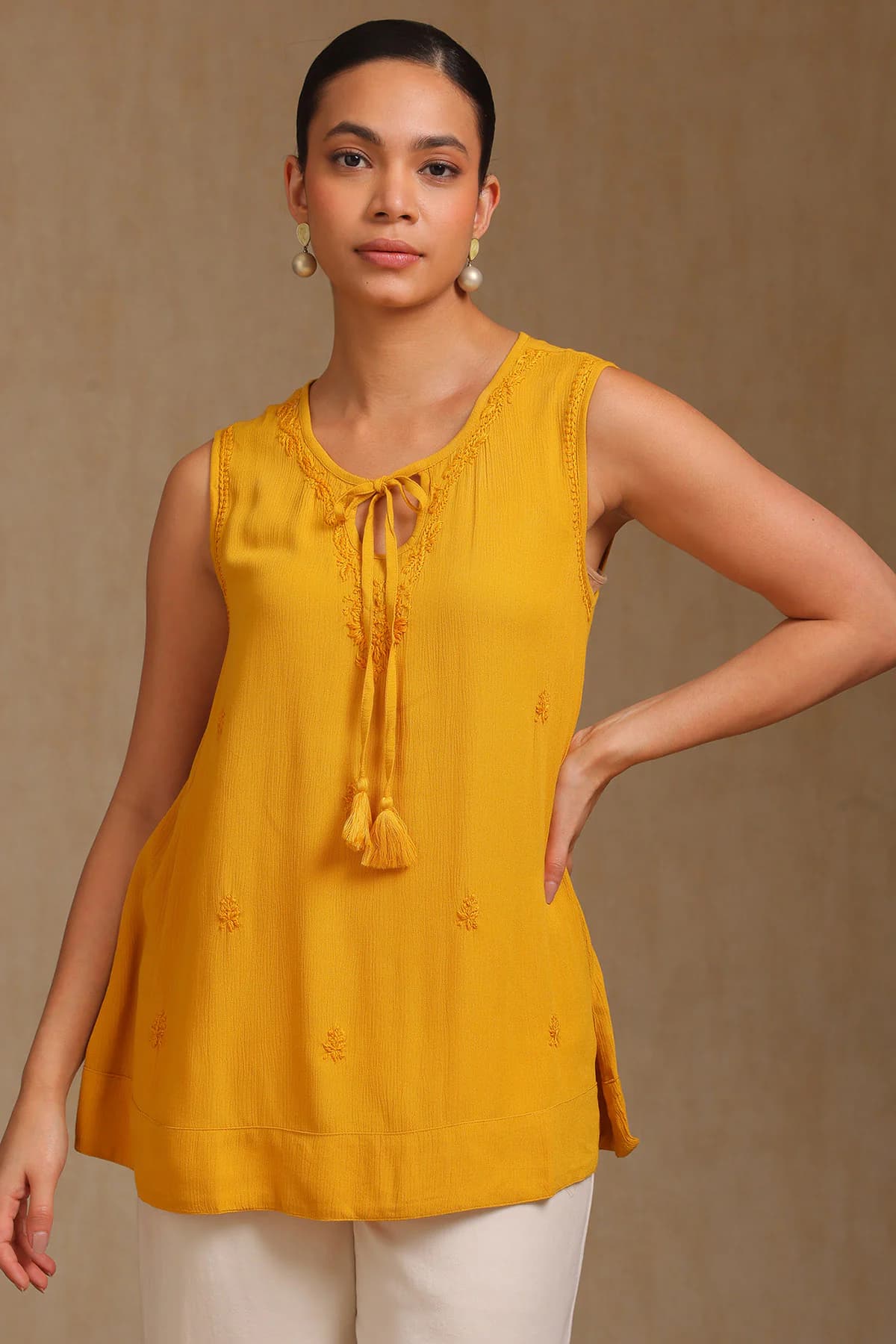 Women's Yellow Rayon Crepe Embroidered A-Line Tunic