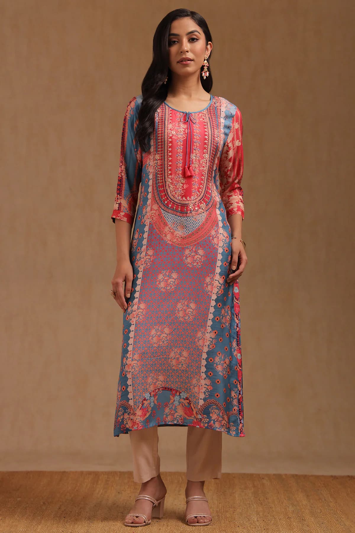 Women's Blue Muslin Ethnic Motifs Kurta Sequins