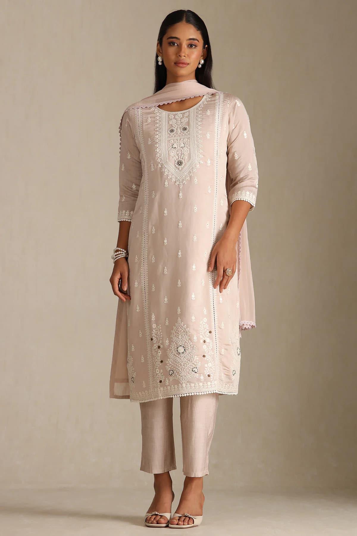 Women's Beige Chanderi Embroidered Suit Set with Thread Work