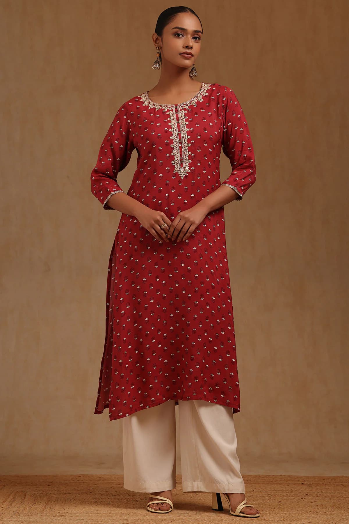 Women's Brick Red Muslin Floral Print Kurta